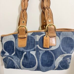 Coach Blue Denim Signature Tote with Tan Leather Trim